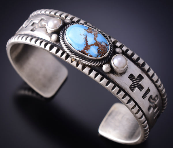 Silver & Golden Hills Turquoise Fresh Water Pearl Bracelet by Erick Begay 6H15D