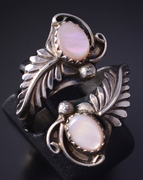 Vintage Silver & Pink Mussel Shell Feathers Navajo Adjustable Wrap Ring 5F10K