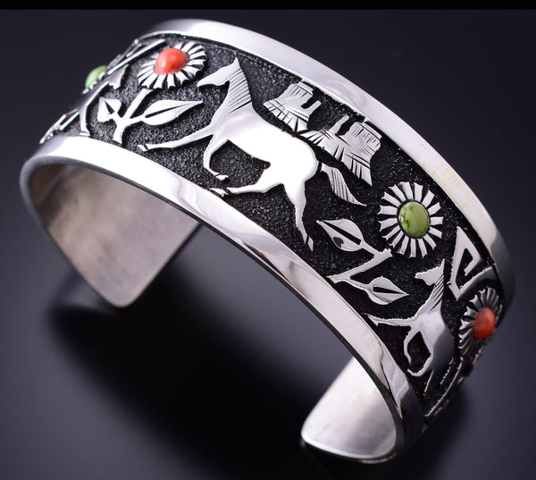 Coral & Gaspeite Roaming Horses Navajo Bracelet by Philbert Begay 3J30F