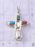 Silver & Turquoise Multistone Zuni Handmade Cross Pendant by Cecelia Iule 6G29F