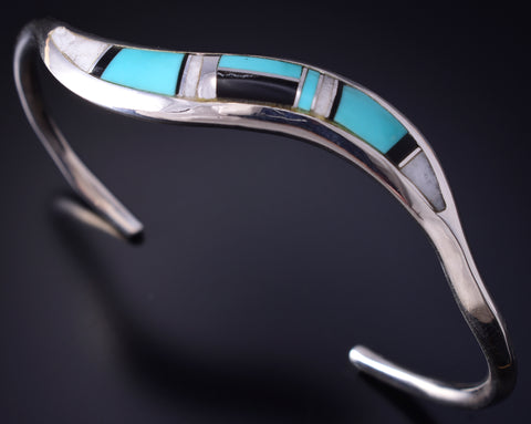 Silver & Turquoise Multistone Navajo Inlay Flow Bracelet 5F04K