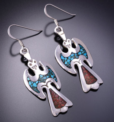Silver & Turquoise & Coral Navajo Chip Inlay Waterbird Earrings 3G03D