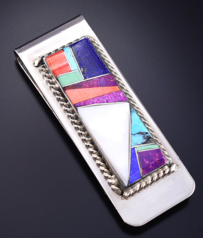 Silver & Turquoise Multistone Navajo Inlay Money Clip by Arnold Yazzie 5L25C