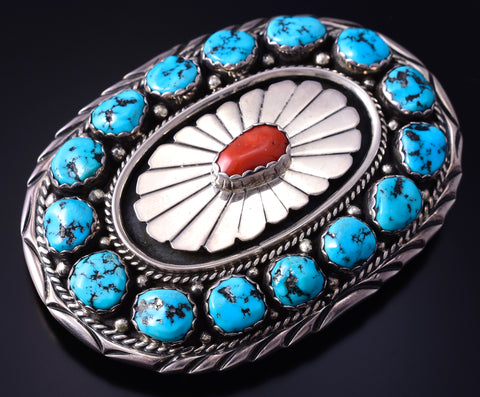Vintage Silver & Turquoise w/ Coral Navajo Buckle by Danny Dale 5K22A