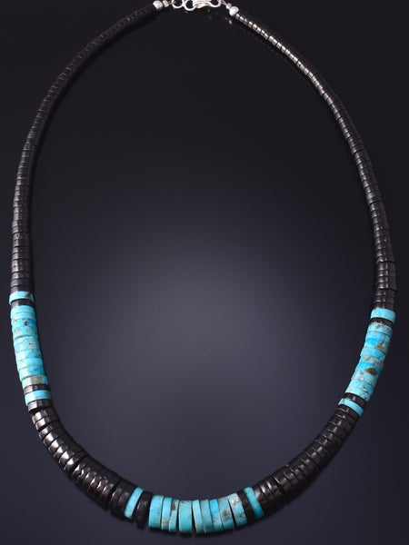 20" Santo Domingo Pueblo (Kewa) Turquoise & Jet Necklace by Lupe Lovato 5G28R