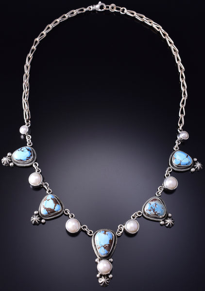 Silver & Golden Hills Turquoise Fresh Pearl Navajo Necklace by Erick Begay 6F28W