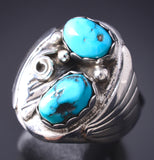 Size 9-3/4 Vintage Silver & Turquoise Eagle Feather Side Navajo Ring by JK 6A03Q