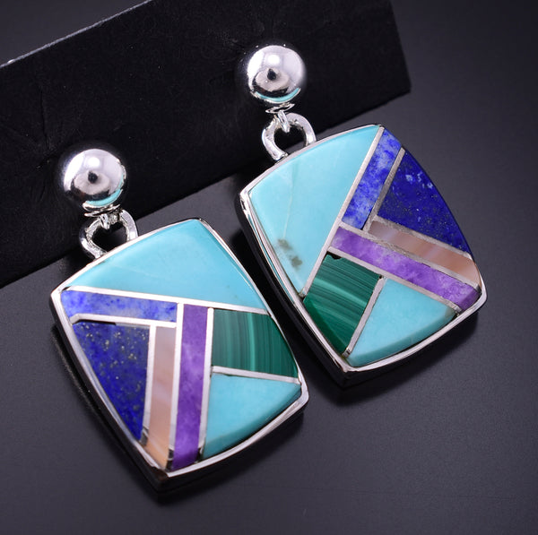 Silver & Turquoise Multistone Navajo Inlay Earrings by TSF 3L10M