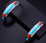 Silver & Turquoise w/ Coral Navajo Inlay Half Hoop Earrings Wilbert Musket 6B14J