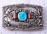 Vintage Silver & Turquoise w/ Coral Navajo Feathers Buckle - Justin Morris 5H21Q