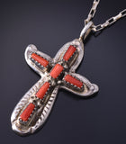 Silver & Mediterranean Coral Zuni Handmade Cross Pendant by Lupe Iule 5F10Z