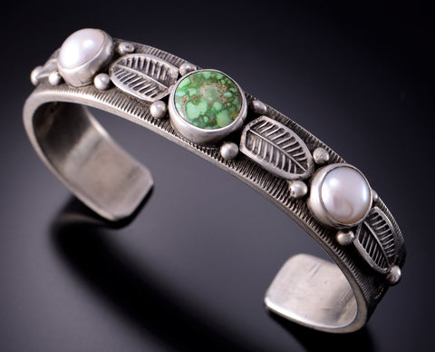 Silver & Sonoran Gold Turquoise Freshwater Pearl Bracelet by Erick Begay 3C24R