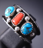 Size 11-3/4 Navajo Men's Ring Turquoise and Coral by Reed Charley 6K26B