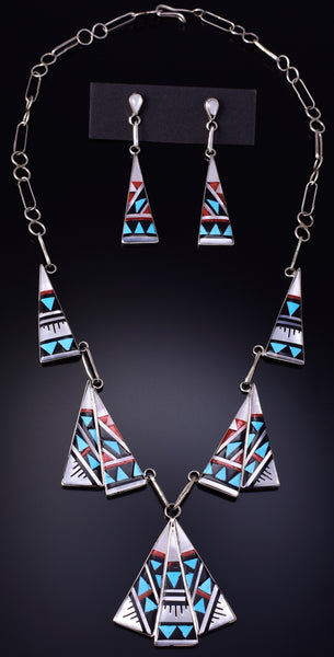 Silver & Turquoise Multistone Zuni Inlay Necklace & Earring Set K.D. Boone 5J29G