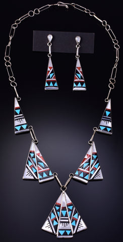 Silver & Turquoise Multistone Zuni Inlay Necklace & Earring Set K.D. Boone 5J29G