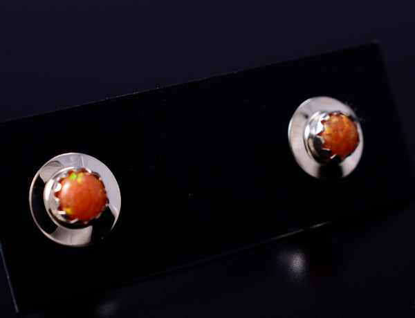Orange Fire Opal - Navajo Handmade Sterling Silver Post Earrings by Juanita Manygoats - 6J31J