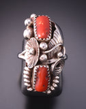 Size 5-1/2 Silver & Coral Feather & Flower Navajo Ring by Max Calabaza 3F22O