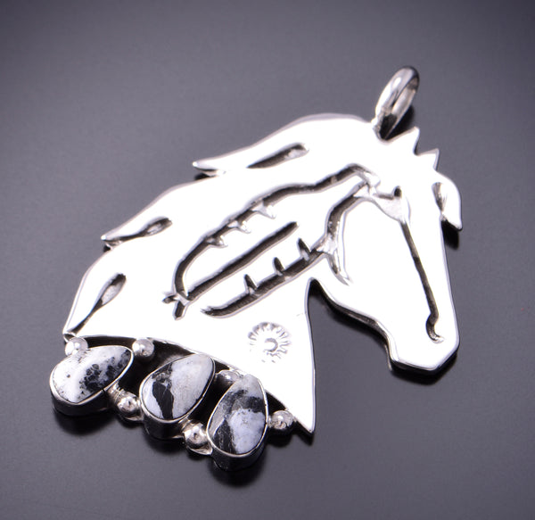 Silver & White Buffalo Turquoise Navajo Handmade Horse Feather Pendant by Robert Vandever 3F19Z