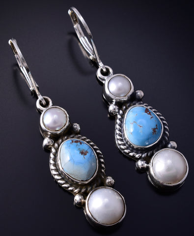 Silver & Golden Hills Turquoise Fresh Pearl Navajo Earrings by Erick Begay 5H02L
