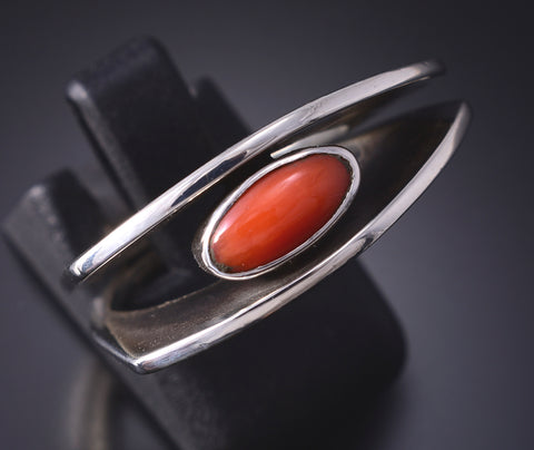 Vintage - Size 6 Silver & Coral Navajo Handmade Balance Ring 5J29W