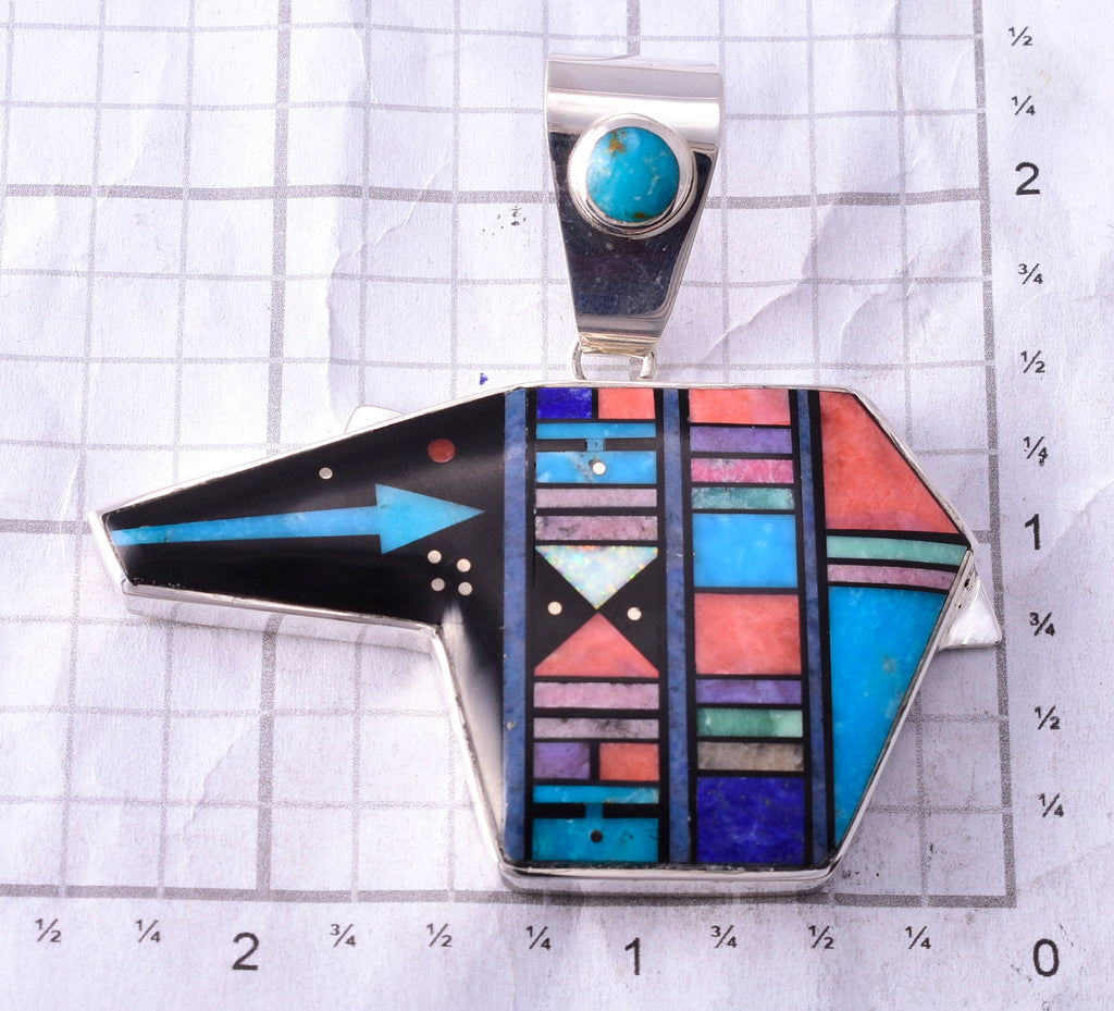 Silver & Turquoise Multistone Navajo Inlay Bear Pendant by