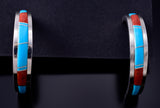 Silver & Turquoise w/ Coral Navajo Inlay Half Hoop Earrings Wilbert Musket 6B14J