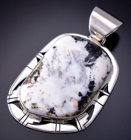 Silver & White Buffalo Turquoise Navajo Handmade Pendant by Pete Sanchez 6D28H