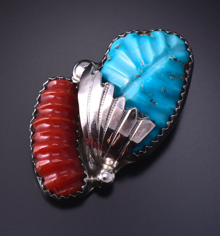 Silver & Turquoise w/ Coral Zuni Leaves Pendant by Lyolita Tsattie 5B06Z