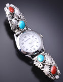 Silver & Turquoise w/ Coral Navajo Feathers Watch by Jeanette Saunders 6H31O