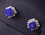 Silver & Lapis Diamond Shaped Zuni Handmade Earrings by Dustin Bobelu 3H02V