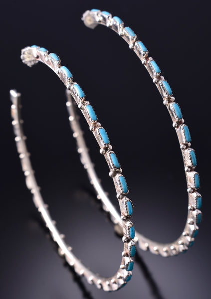 Silver & Turquoise Zuni Made Statement Hoop Earrings Alvin Aurelia Hughte 6D27Z