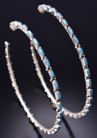 Silver & Turquoise Zuni Made Statement Hoop Earrings Alvin Aurelia Hughte 6D27Z