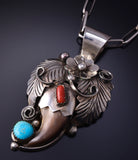 Silver Multistone & Bear Claw Navajo Feathers Pendant by Jerry Thompson 5J29F