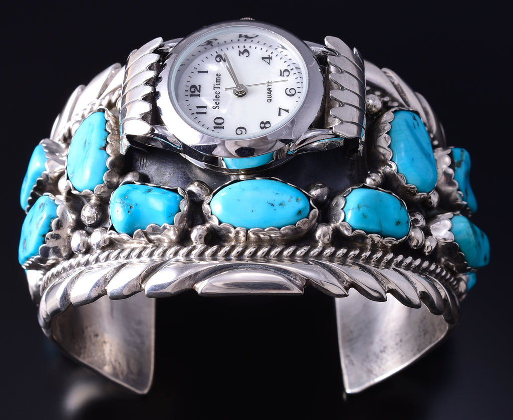 Vintage Silver & Turquoise Navajo Watch Bracelet w/ watch by