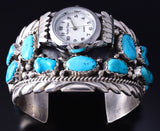 Vintage Silver & Turquoise Navajo Watch Bracelet w/ watch by Victor Chee 5L10U