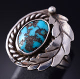 Vintage Size 7-3/4 Silver & Turquoise Side Feather Navajo Ring 5G28N