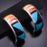 Silver & Turquoise Multistone Zuni Inlay Half Hoop Earrings by Delberta Boone 3J22R