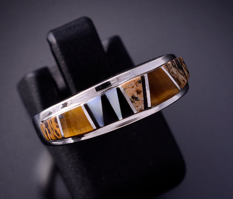 Size 7 Silver & Tiger Eye Multistone Navajo Inlay Ring by TSF 3L16V