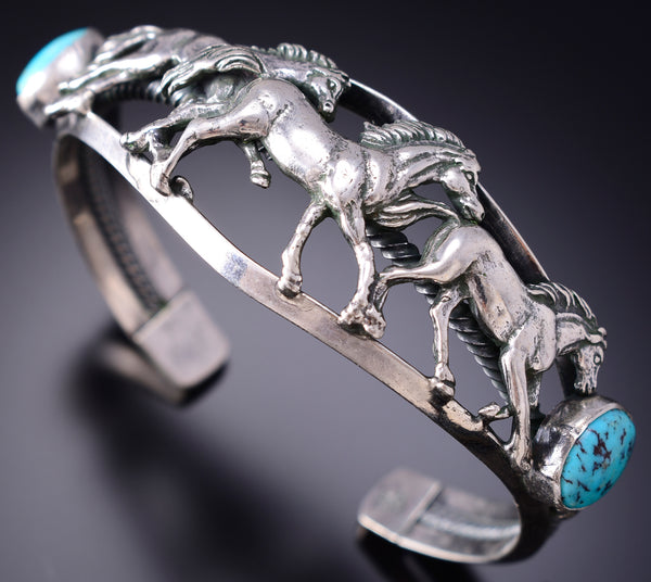 Silver & Kingman Turquoise Navajo Love Horses Bracelet by Bobby Platero 6H25U
