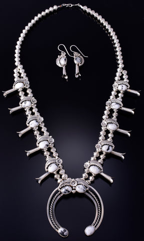 Silver White Buffalo Turquoise Navajo Squash Blossom Necklace/Earring Set 5G28V