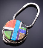 Silver & Turquoise Multistone Navajo Inlay Key Ring by Arnold Yazzie 6G29K