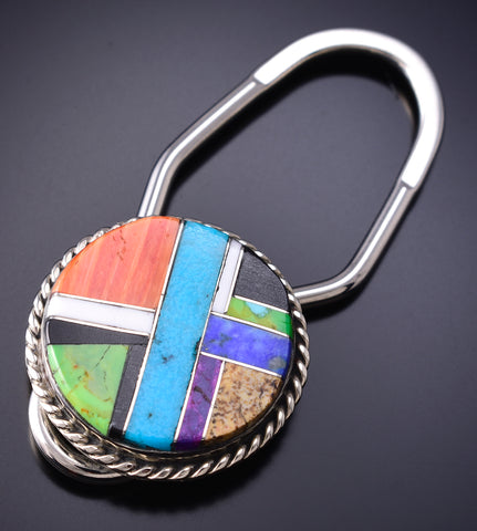 Silver & Turquoise Multistone Navajo Inlay Key Ring by Arnold Yazzie 6G29K