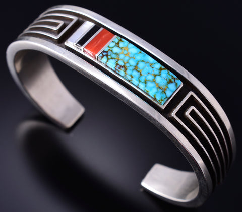 Vintage Silver & Turquoise Multistone Navajo Inlay Bracelet Albert Nells 6B14P