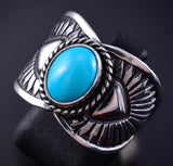 Size 8 Silver & Turquoise Navajo Handmade Ring by Derrick Gordon 5K10Y