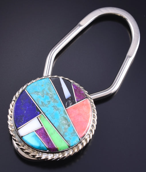 Silver & Turquoise Multistone Navajo Inlay Key Ring by Arnold Yazzie 5L25O