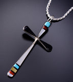 Silver & Turquoise Multistone Zuni Inlay Cross Pendant By Sylvester Noche - 6J31X