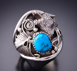 Size 12-1/4 Silver & Turquoise Howling Wolf Navajo Ring by Jeanette Saunders 3F19H