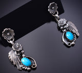 Silver & Turquoise Navajo Feather w/ Flowers Earrings by Verley Betone 6D07V
