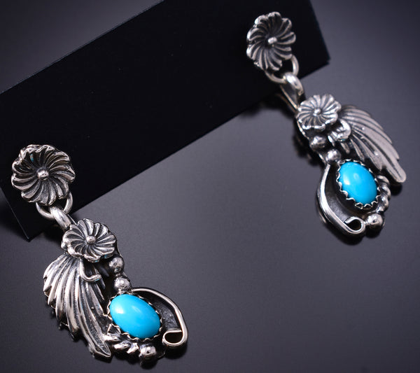 Silver & Turquoise Navajo Feather w/ Flowers Earrings by Verley Betone 6D07V