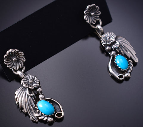 Silver & Turquoise Navajo Feather w/ Flowers Earrings by Verley Betone 6D07V